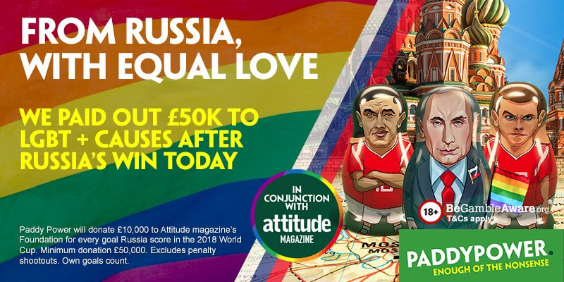 Rainbow Russians campaign key visual: the Paddy Power logo treated in pride colours, set against a Russian World Cup backdrop.
